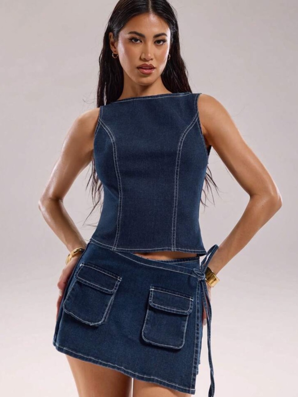 SHEIN Dark Denim Two-Piece Set SMALL TOP MEDIUM SKORT